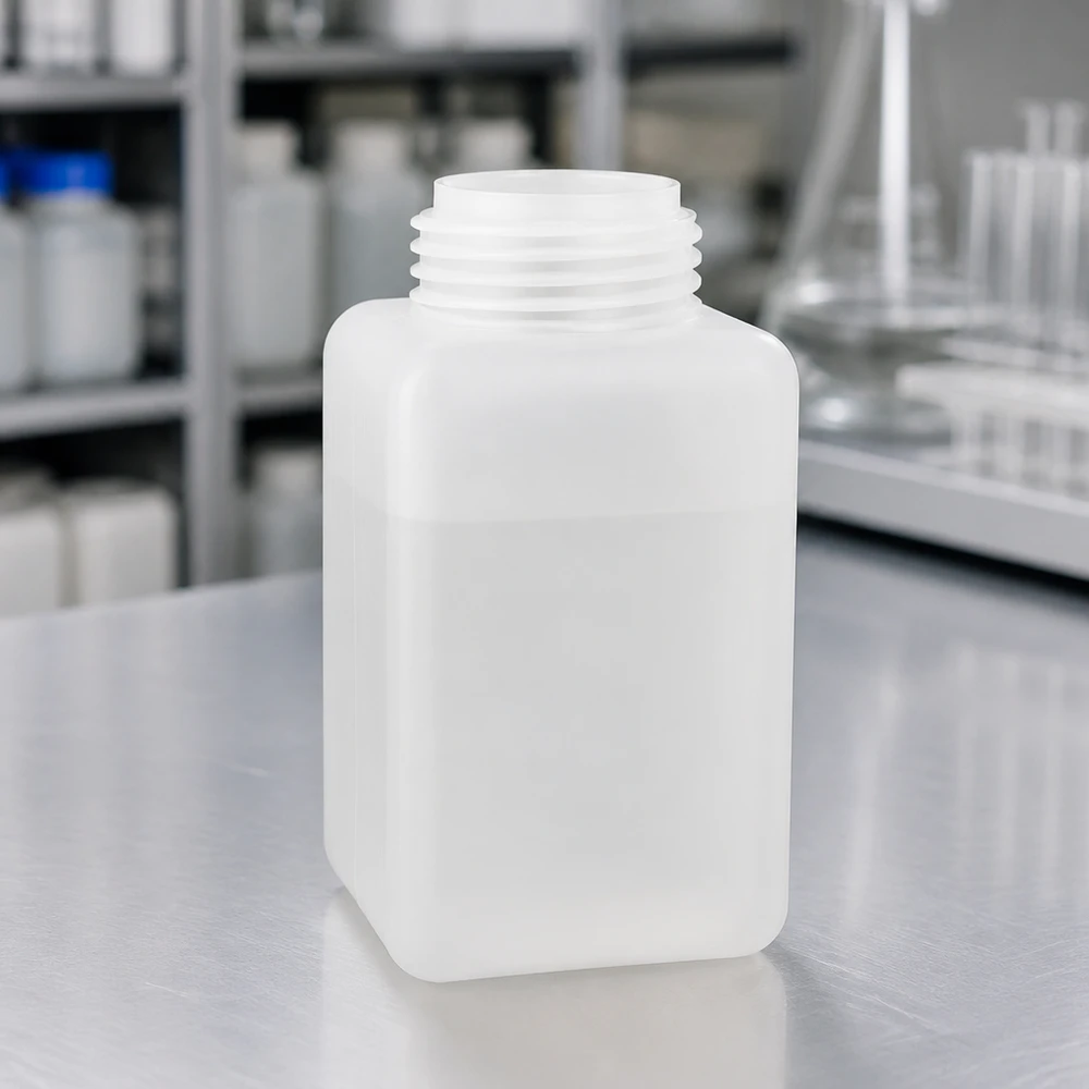 Flacon à produits chimiques 1000 ml à col étroit, PEHD couleur naturelle, avec bouchon GL 32 Bouteille carrée en PE-HD de 1 000 ml, à col étroit, couleur naturelle, sans bouchon, destinée au stockage de produits chimiques industriels