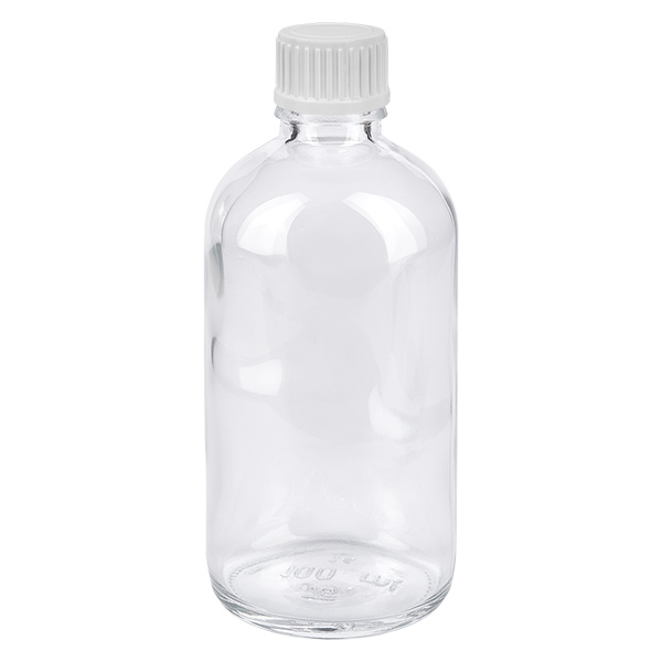 Flacone contagocce da 100 ml 0,9 mm bianco STD ClearLine UT18/100 Flacone contagocce in vetro trasparente da 100 ml con tappo a vite bianco ClearLine UT18 per applicazioni farmaceutiche