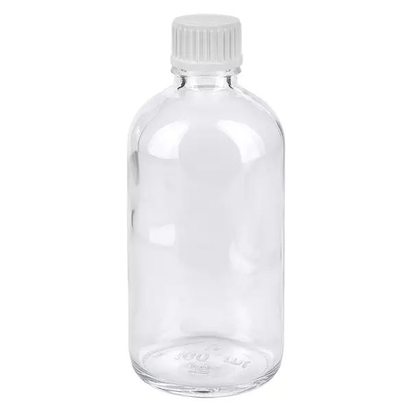 Flacon compte-gouttes en verre transparent de 100 ml avec bouchon à vis blanc ClearLine UT18 pour applications pharmaceutiques