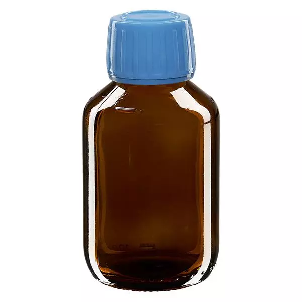 Flacone per medicinali da 100 ml marrone, tappo blu antimanomissione Flacone per medicinali da 100 ml marrone, tappo blu antimanomissione