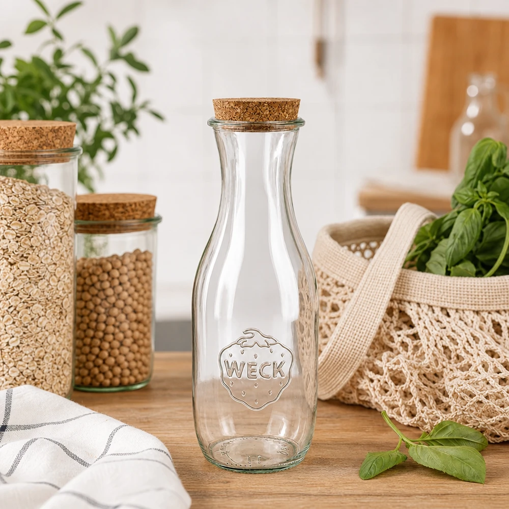 Bottiglia di succo WECK 1062ml RR60 con sughero naturale in cucina sostenibile a rifiuti zero accanto a barattoli e sacchi di juta