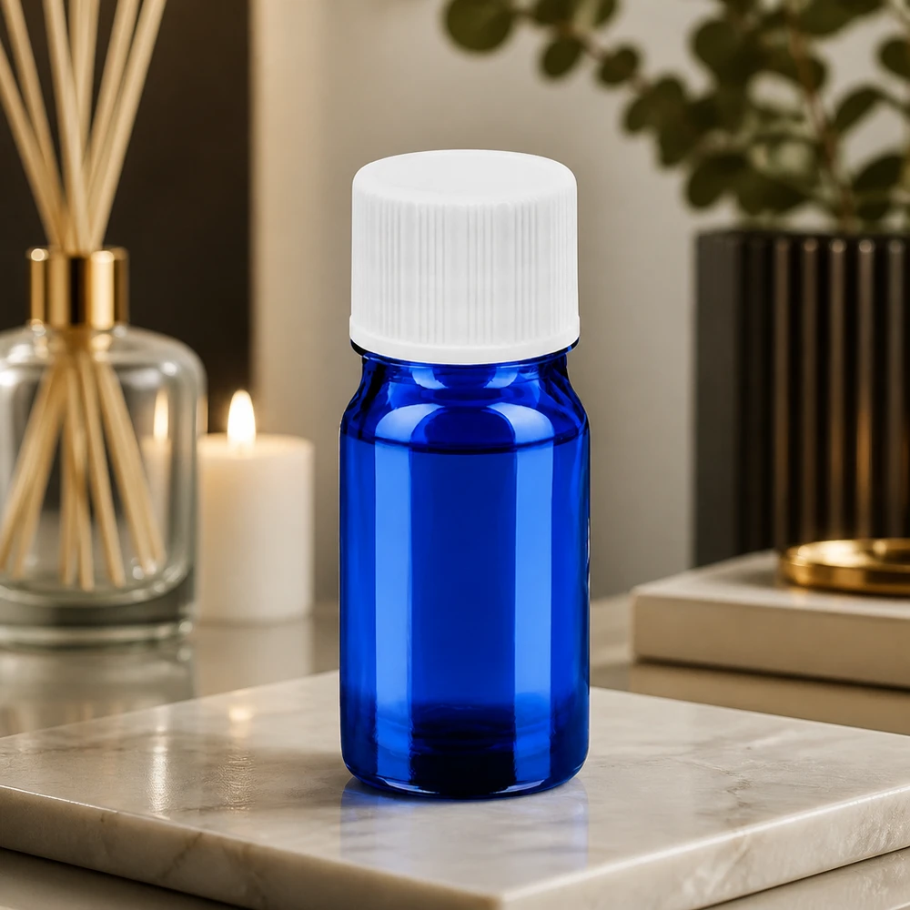 Elegante bottiglietta in vetro da 5 ml in blu cobalto con tappo a vite ergonomico bianco