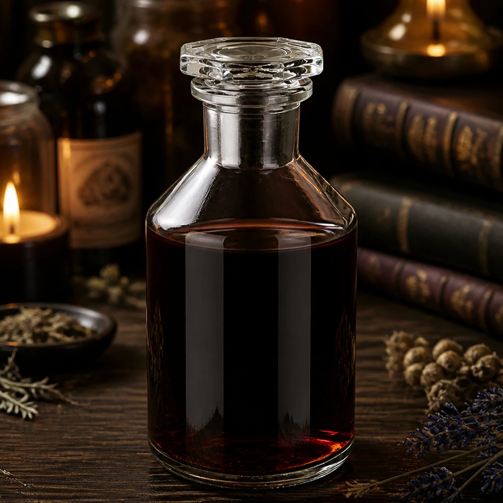 Tintura scura in flacone a petto dritto da 50 ml, trasparente, con tappo in vetro sfaccettato, alla luce delle candele