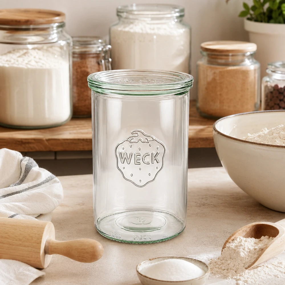 1000ml Sturzglas mit Glasdeckel WECK RR100 WECK Sturzglas 1000ml RR100 leer in heller Küche zwischen Vorratsdosen mit Mehl und Backutensilien zum Backen