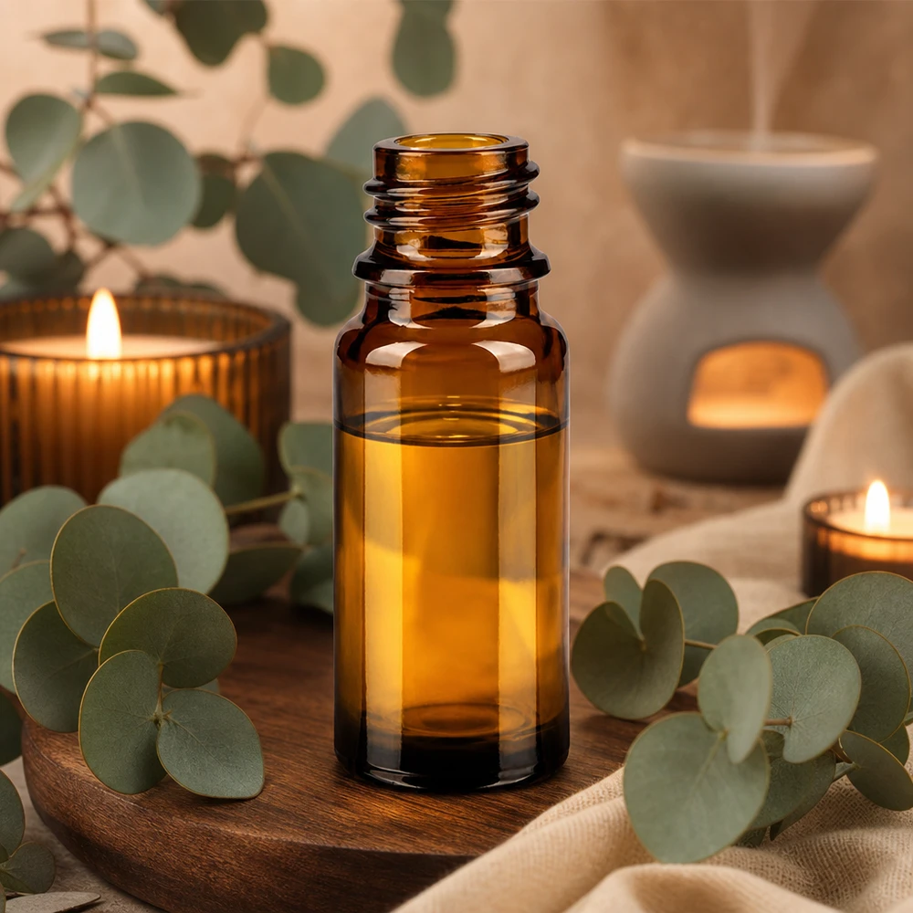 Flacone farmaceutico marrone da 10 ml ApoGlas Flacone da 10 ml in vetro marrone ApoGlas per l'aromaterapia con eucalipto e candele in un'atmosfera naturale da spa