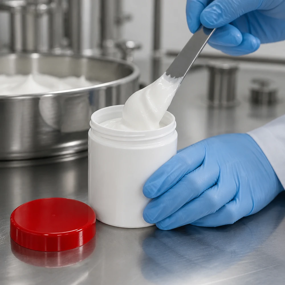 Pot à onguent blanc 75 g avec couvercle rouge (PP) Contrôle qualité d'un pot de crème de 75 g en polypropylène dans une usine pharmaceutique