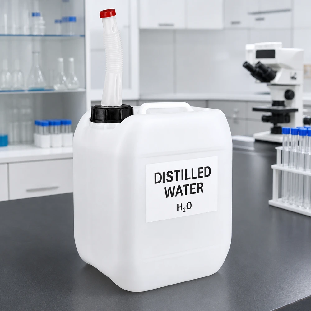 Bidon 5 litres avec tuyau d'écoulement Flex Bidon de laboratoire de 5 litres contenant de l'eau distillée, muni d'une étiquette et d'un bec verseur flexible