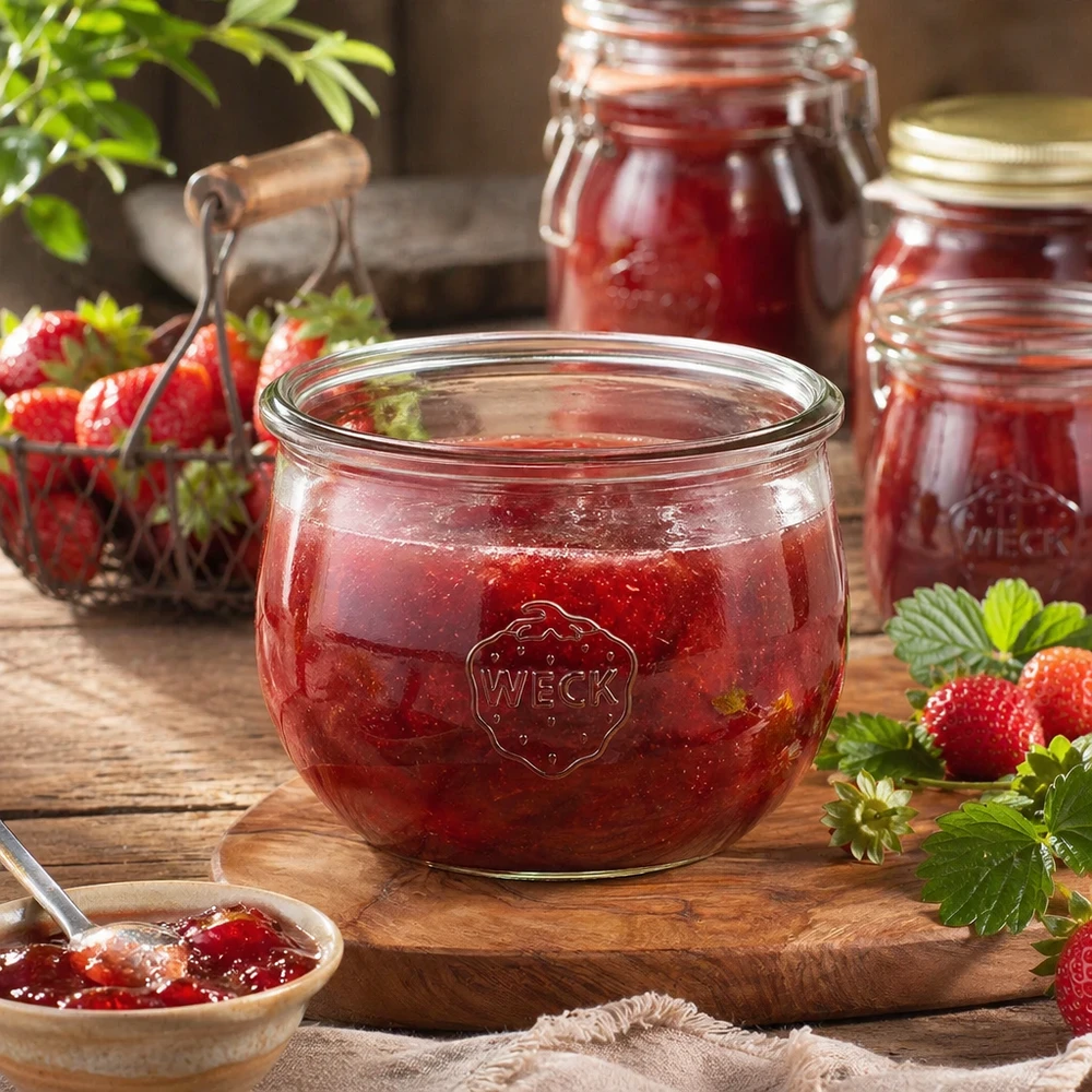 Vaso a tulipano WECK RR100 da 580 ml WECK RR100 Vaso tulipano da 580 ml riempito di marmellata di fragole su una tavola di legno con fragole fresche e vasetti di conservazione