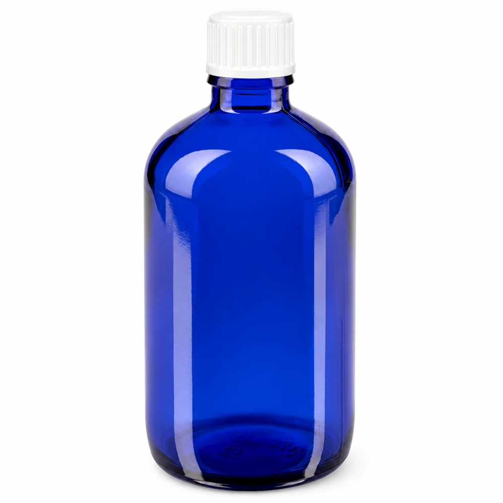 Flacon de pharmacie bleu 100ml bouchon vissable blanc Globuli Std Flacon de pharmacie en verre bleu de 100 ml avec bouchon à vis blanc standard de 3 mm