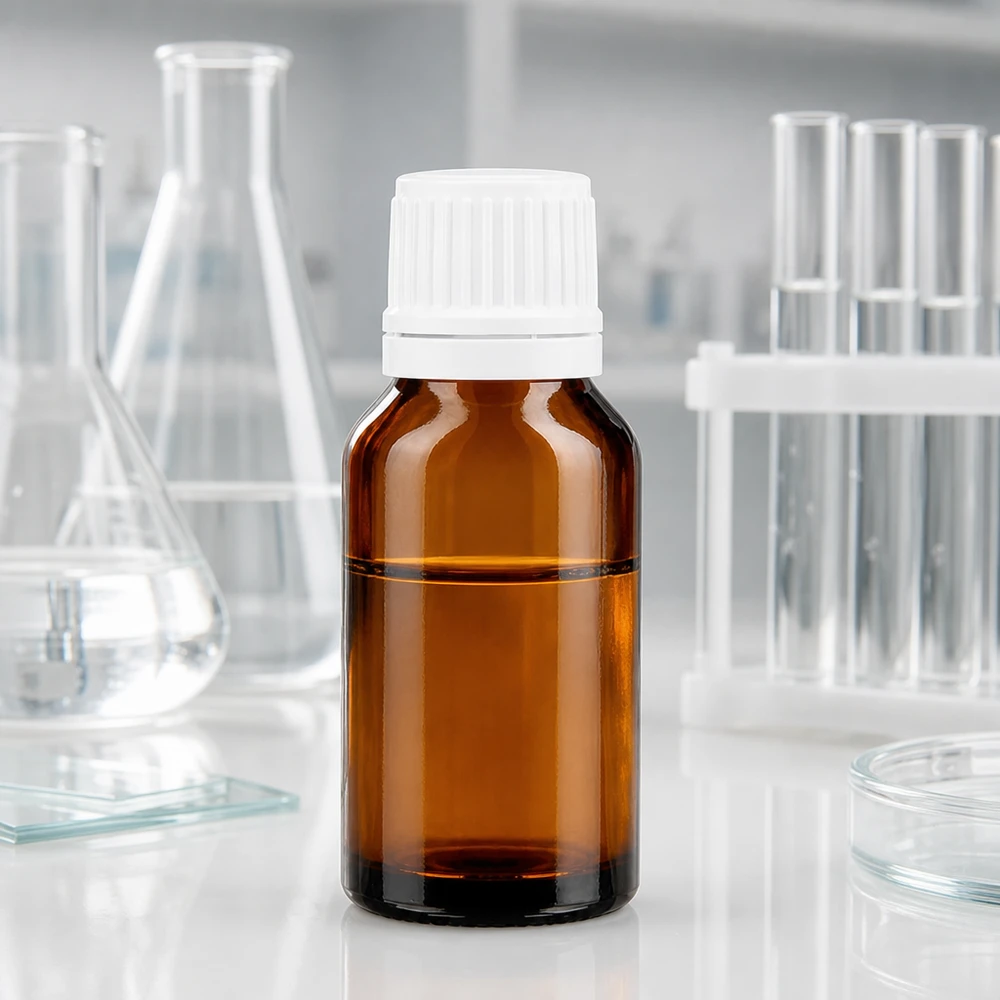 Apothekenflasche braun 15ml Schraubverschluss weiß Originalitätsverschluss Kleine Medizinflasche 15ml Braunglas mit weißem Sicherheitsverschluss Laborumgebung