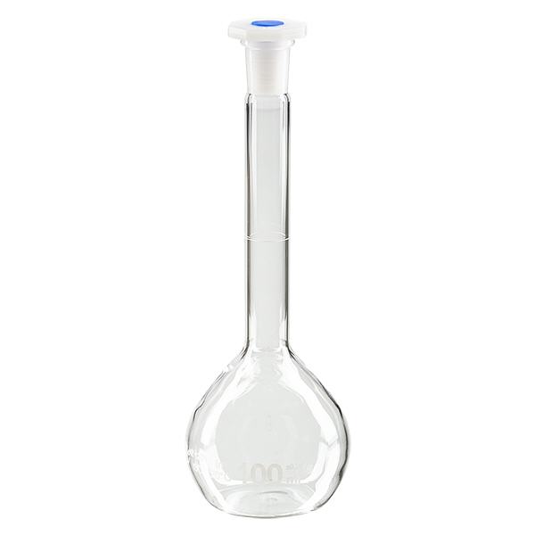 Pallone volumetrico da 100 ml con giunto standard rettificato e tappo in PEHD Pallone volumetrico da 100 ml con giunto standard rettificato e tappo in PEHD