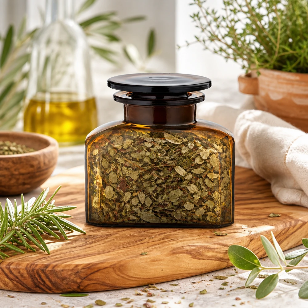 Barattolo compatto per spezie in vetro ambrato da 150 ml con collo largo e tappo in vetro nero per erbe aromatiche