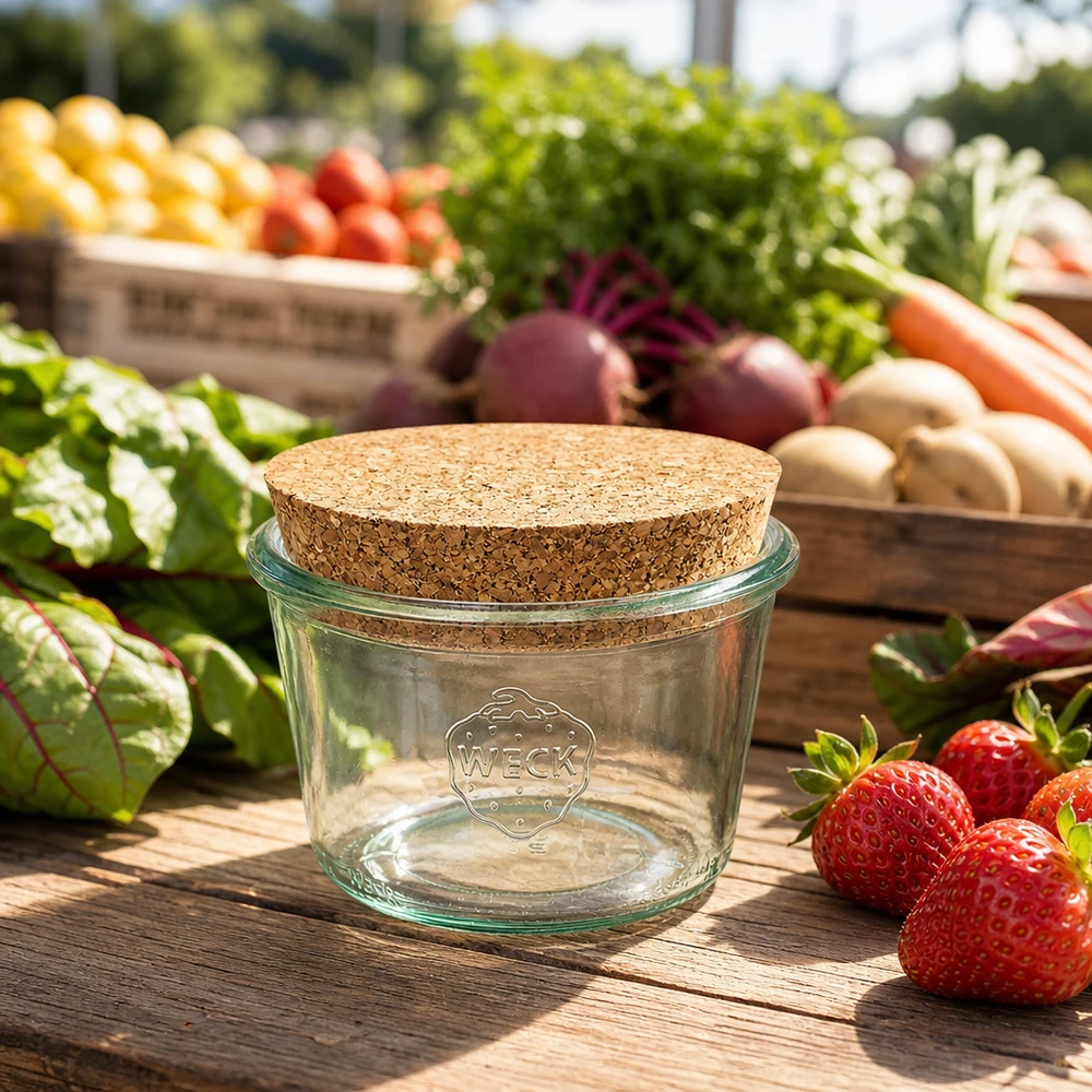 370ml Sturzglas WECK RR100 mit Korken natur WECK Sturzglas 370ml RR100 mit Korkdeckel auf Holztisch zwischen Erdbeeren und frischem Gemüse vom Markt