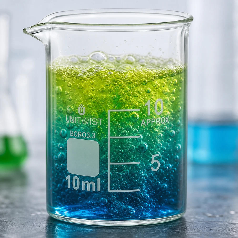 Bicchiere da 10 ml in borosilicato, a basso stampo UNiTWIST Provetta da 10 ml a forma bassa contenente un liquido blu-verde ricco di bolle, in vetro borosilicato 3.3
