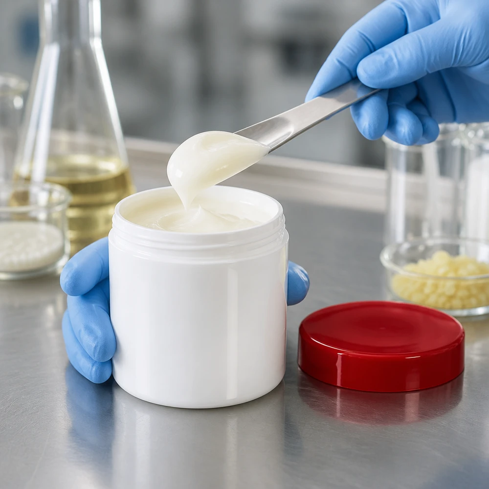 Pot à onguent blanc 10 g avec couvercle rouge (PP) Crème conditionnée dans un pot en PP blanc de 10 g avec un couvercle rouge, à côté de matériel de laboratoire en verre