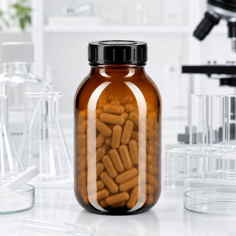 Bottiglia in vetro ambrato da 500 ml con grande apertura e tappo a vite per applicazioni farmaceutiche