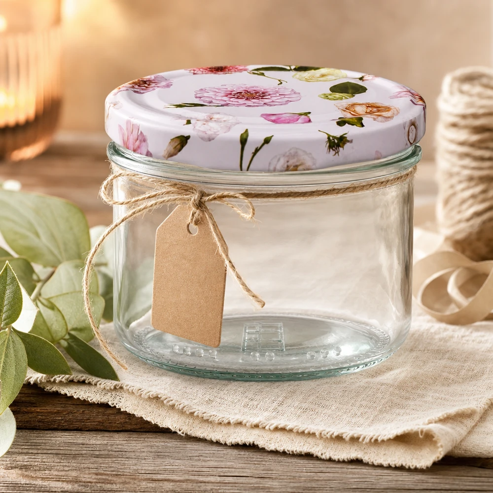 230ml Zylinderglas + BasicSeal Deckel Blume rosa Leeres 230ml Einmachglas mit Blumendeckel und Kraftpapier-Anhänger - dekoratives Vorratsglas auf Holzuntergrund