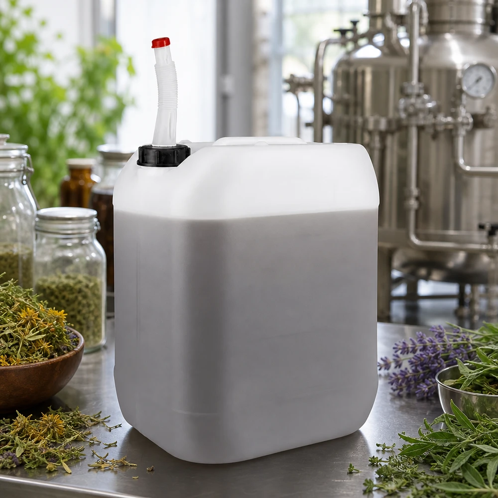 Bidon 20 litres avec tuyau d'écoulement Flex Bidon en plastique robuste de 20 litres avec tuyau flexible, à côté d'herbes fraîches et d'un alambic