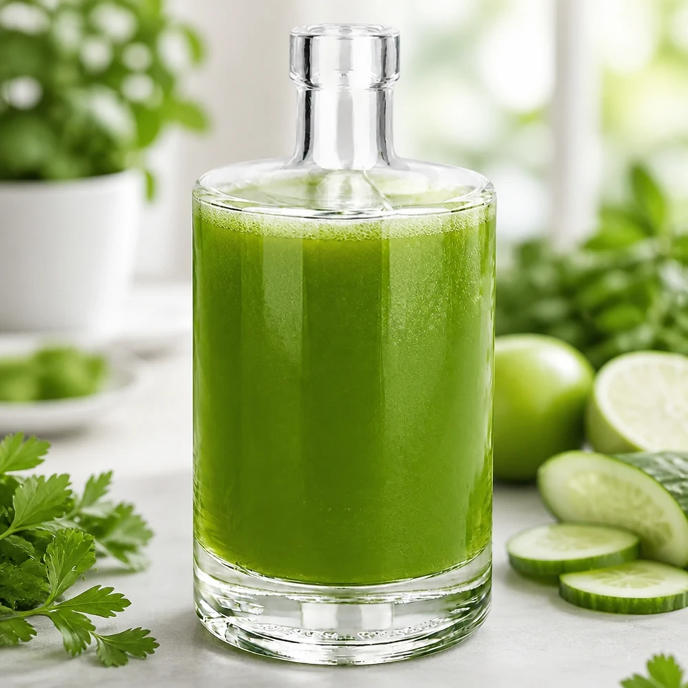 Bottiglia in vetro da 500 ml Marie riempita di frullato verde circondato da cetrioli ed erbe per una bevanda sana e stimolante