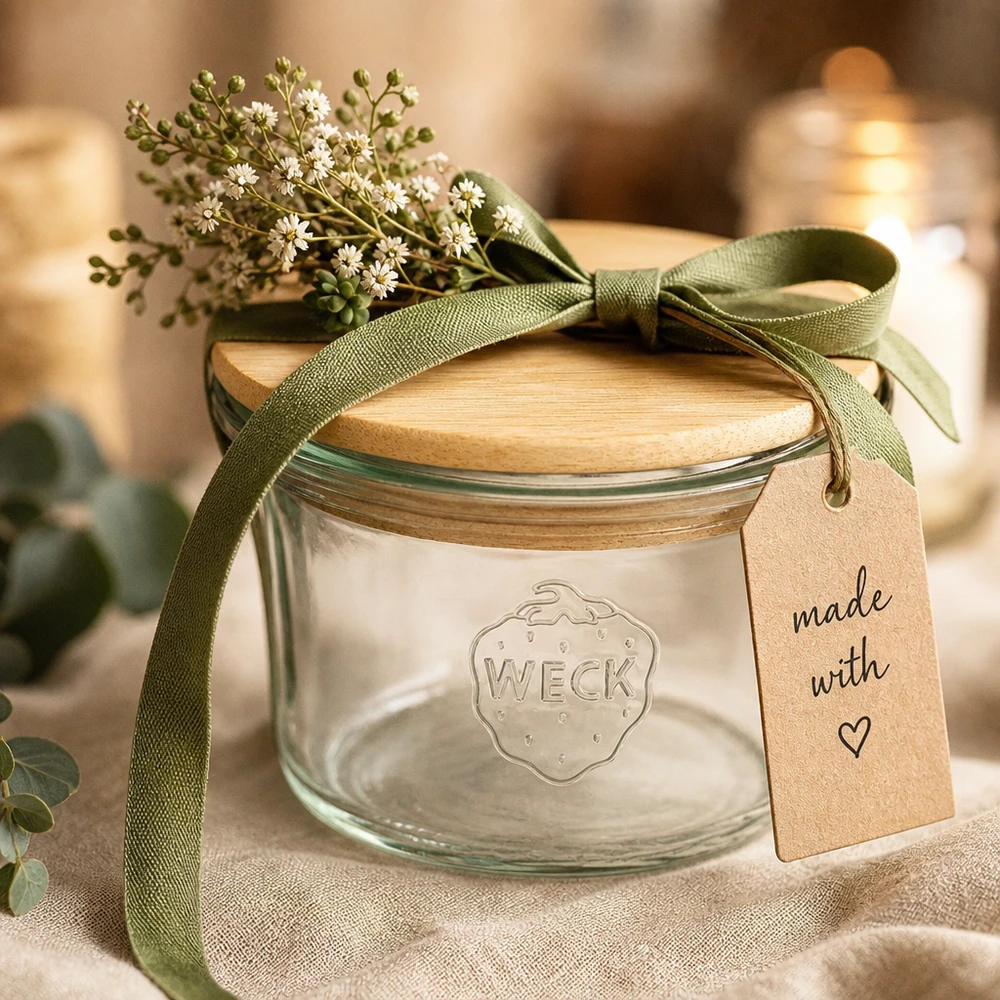Mini tumbler WECK RR40 da 35 ml con coperchio in legno WECK mini mason jar 35ml con coperchio in legno come idea regalo con nastro verde a fiori e targhetta Made with Love