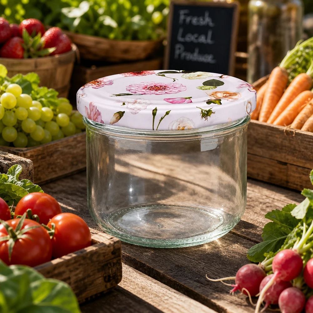 260ml Sturzglas + BasicSeal Deckel Blume rosa UNiTWIST Leeres 260ml Sturzglas mit rosa Blumendeckel zwischen frischem Gemüse - vielseitiges Einmachglas für Marktstand-Atmosphä
