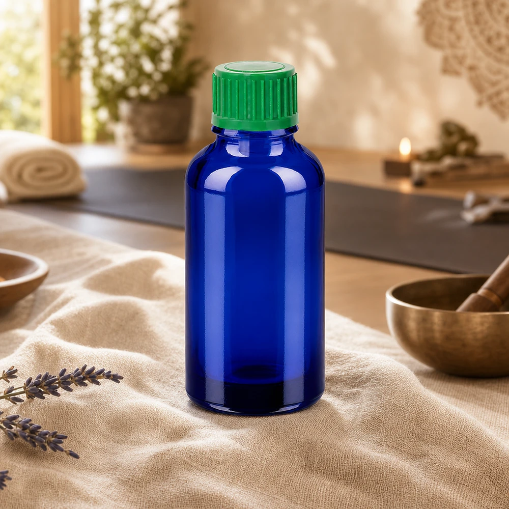 Flacone ergonomico in vetro da 30 ml con tappo verde antiscivolo per una facile manipolazione