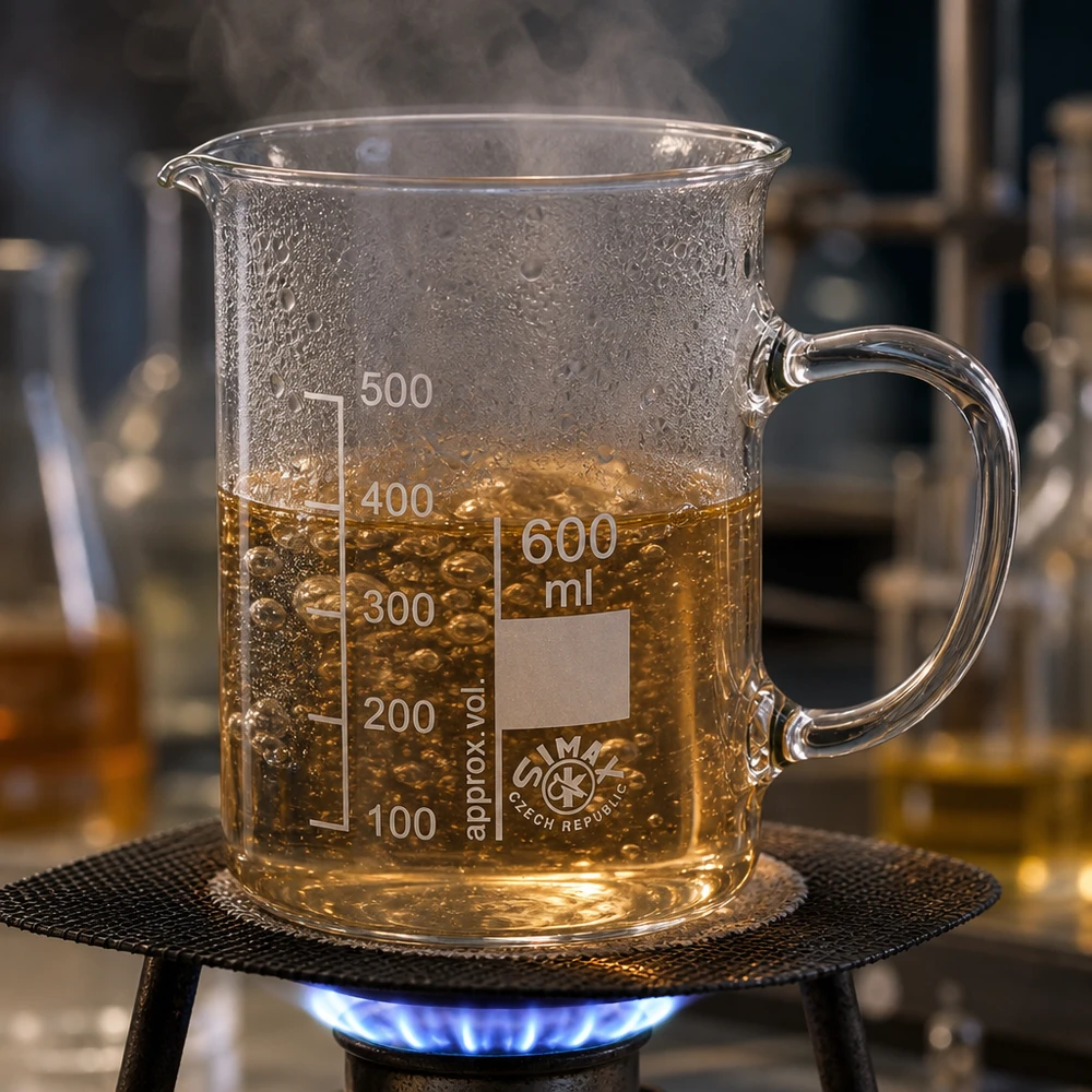 Bicchiere da laboratorio da 600 ml con manico, posto su un bruciatore a gas, contenente un liquido giallo dorato in ebollizione con formazione di vapore