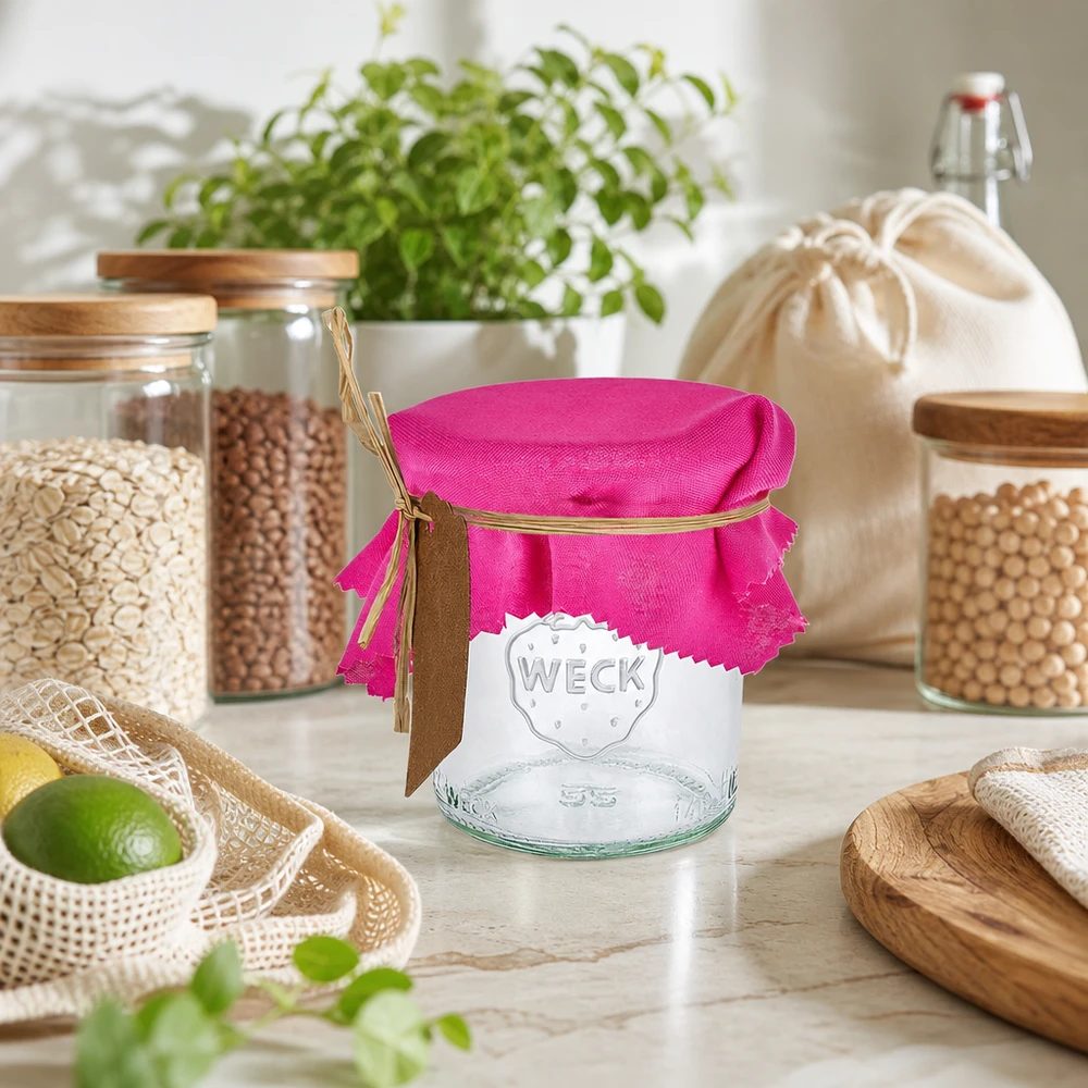 Centrino per gioielli in tessuto rosa 12cm quadrato Centrino in tessuto rosa 12cm quadrato su barattolo in cucina sostenibile a rifiuti zero con barattoli di stoccaggio