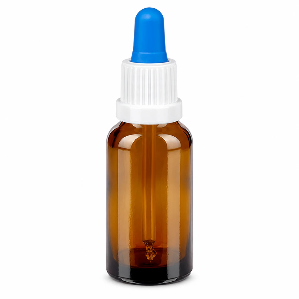 Flacone da farmacia in vetro ambrato da 20 ml con coperchio bianco e tappo contagocce blu UT18/20