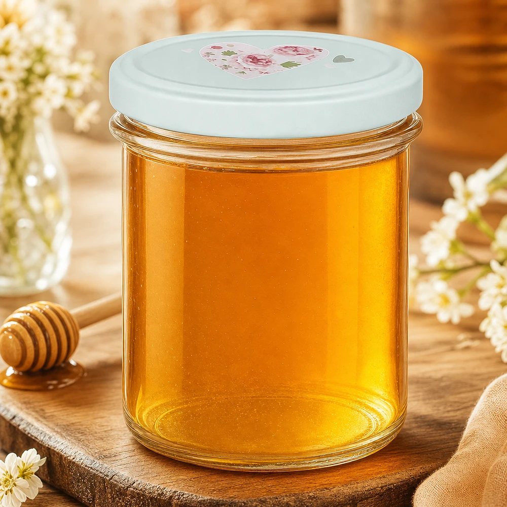 350ml Sturzglas + BasicSeal Deckel Herz mint UNiTWIST 350ml Sturzglas mit BasicSeal Deckel Herz mint gefüllt mit goldgelbem Honig auf Holzbrett mit Honiglöffel und Blüten