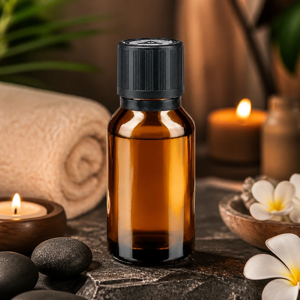 Apothekenflasche braun 15ml Tropfer Giessring 1mm schwarz Kindersicherung Blindenwarnsymbol Originalitätsverschluss 15ml Braunglas Dosierflasche mit schwarzem KiSi Verschluss in entspannter Wellness Umgebung