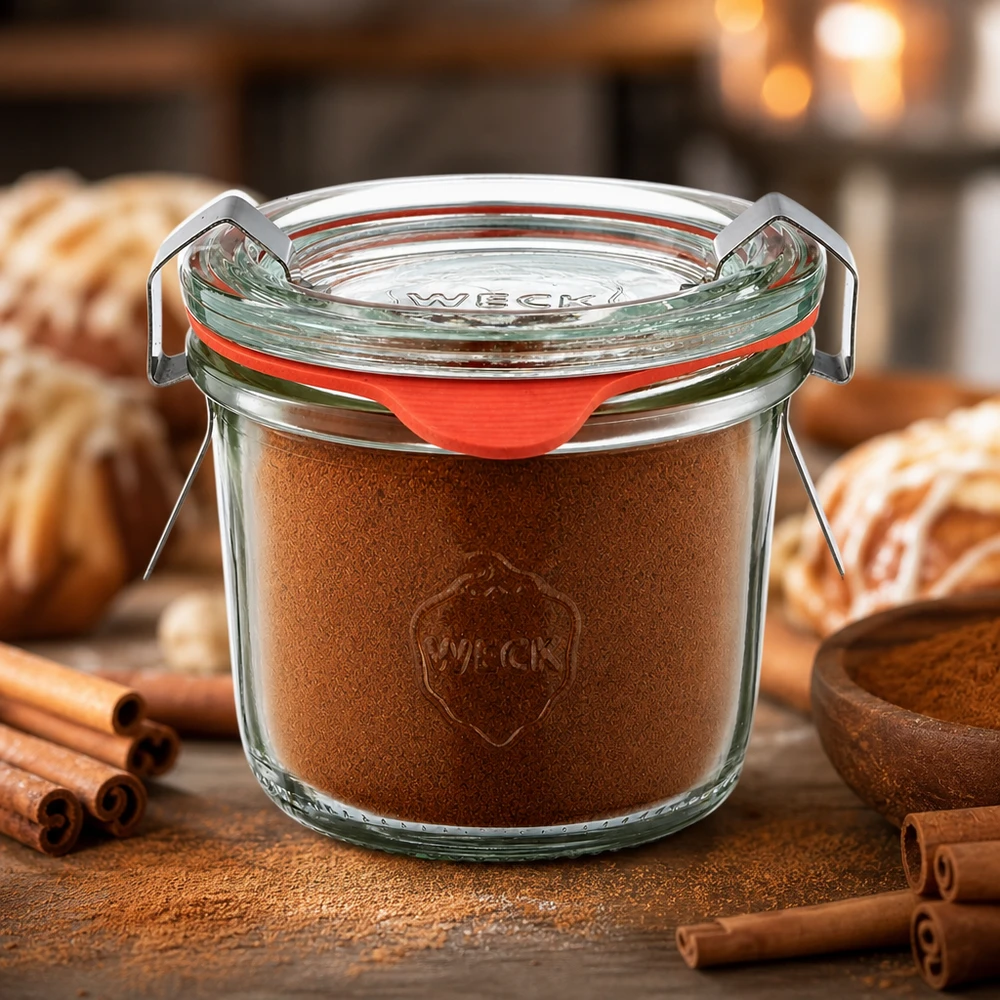 Barattolo di vetro WECK da 80 ml riempito con cannella in polvere fine, da utilizzare come contenitore per le spezie in cucina