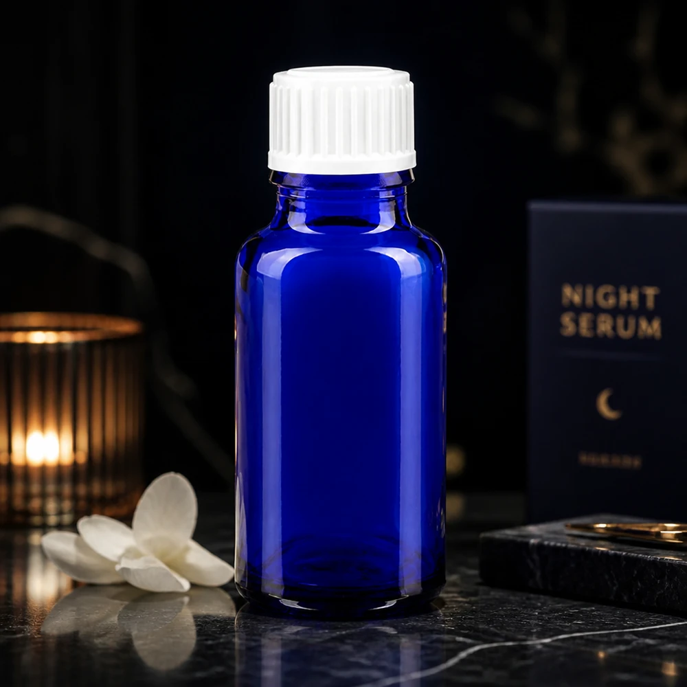 Apothekenflasche blau 20ml Schraubverschluss weiß Standard Blaue 20ml Apothekerflasche Glas lichtgeschützt mit weißem Standardverschluss für empfindliche Wirkstoffe