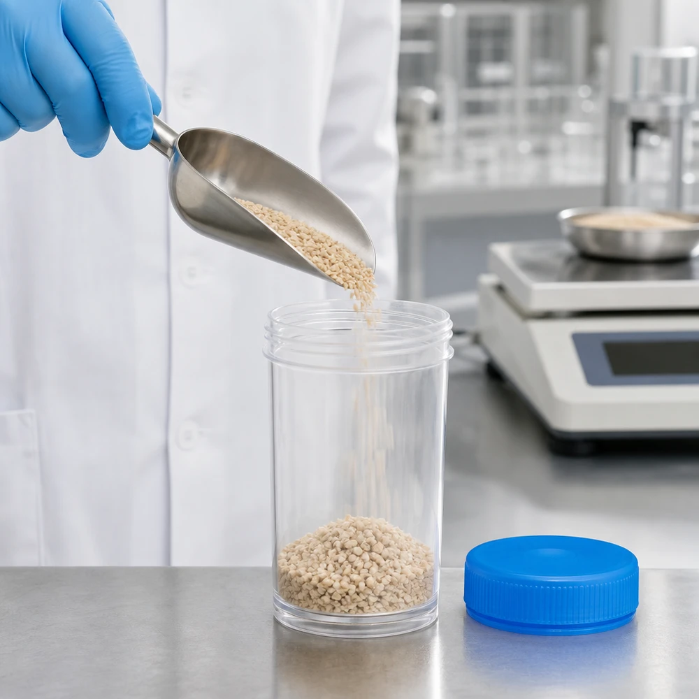 Balance d'analyse et flacon à col large de 50 ml pour le prélèvement d'échantillons de matières granulaires en laboratoire