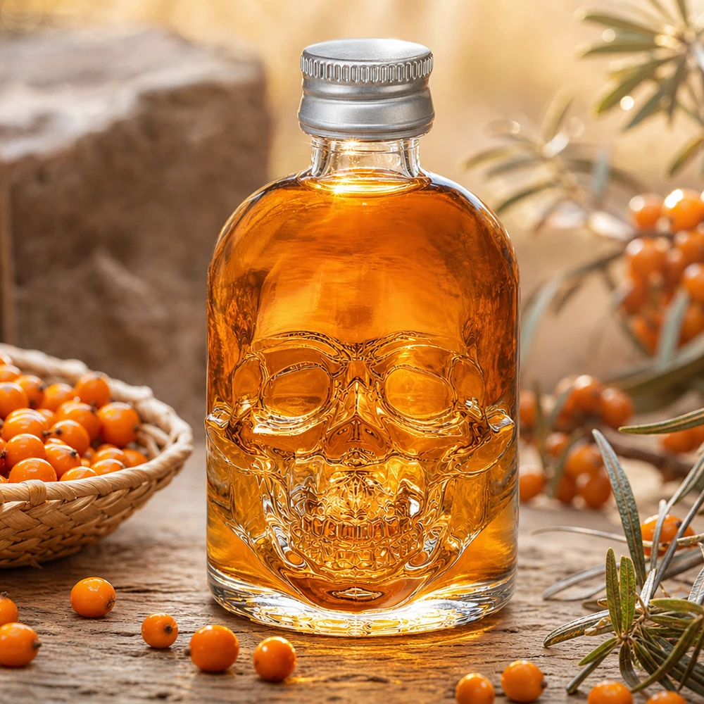 Bottiglia in vetro da 50 ml Hector con tappo a vite argento UNiTWIST® Bottiglia di vetro da 50 ml di Hector riempita con liquore di olivello spinoso tra bacche d'arancia ed elementi decorativi in un'atmosfera calda.