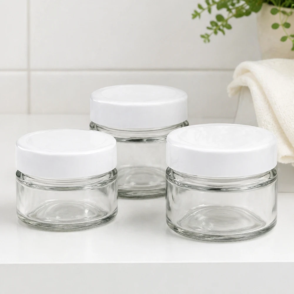 Set di barattoli rotondi da 80 ml con coperchio BasicSeal per il bagno - eleganti barattoli in vetro per cosmetici e utensili da bagno
