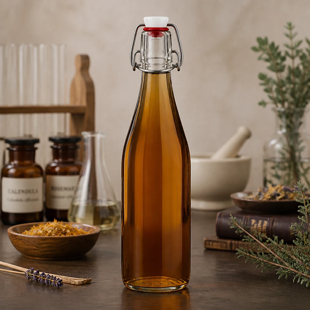 Bottiglia di vetro da 500 ml + tappo a battente in PVC UNiTWIST 500ml Glasflasche Bügelverschluss amber braun apotheker Design mit Naturkräutern Heilpflanzen vintage Küche nostalgisch