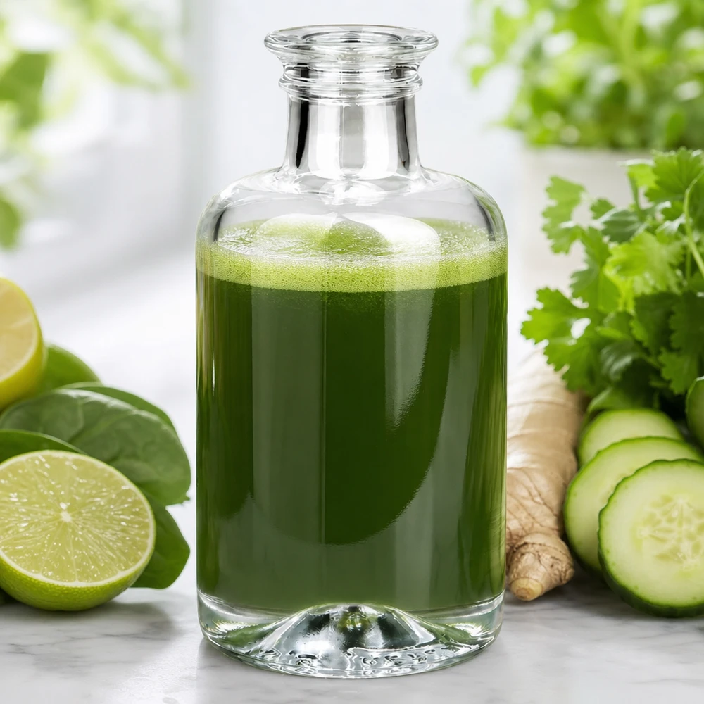 Flacone farmaceutico da 100 ml Sofia senza tappo UNiTWIST® Bottiglia in vetro di Sofia da 100 ml riempita con succo di verdura verde insieme a cetriolo, lime, zenzero ed erbe aromatiche su sfondo bianco