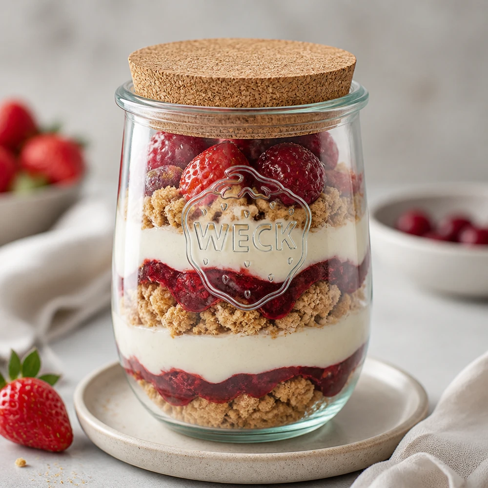 1062ml bocal tulipe WECK RR100 avec bouchon nature WECK Pot tulipe RR100 1062ml comme verre à dessert stratifié avec des fraises à la crème et des miettes de biscuits arrangées de manière décorative