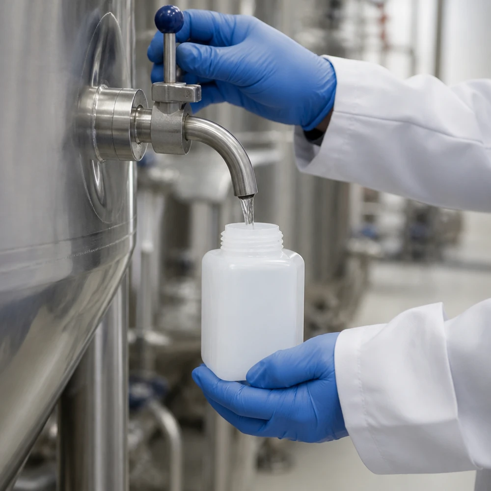 Flacon de produits chimiques de 1 000 ml en PE-HD à col étroit utilisé pour le prélèvement d'échantillons industriels dans une salle blanche pharmaceutique