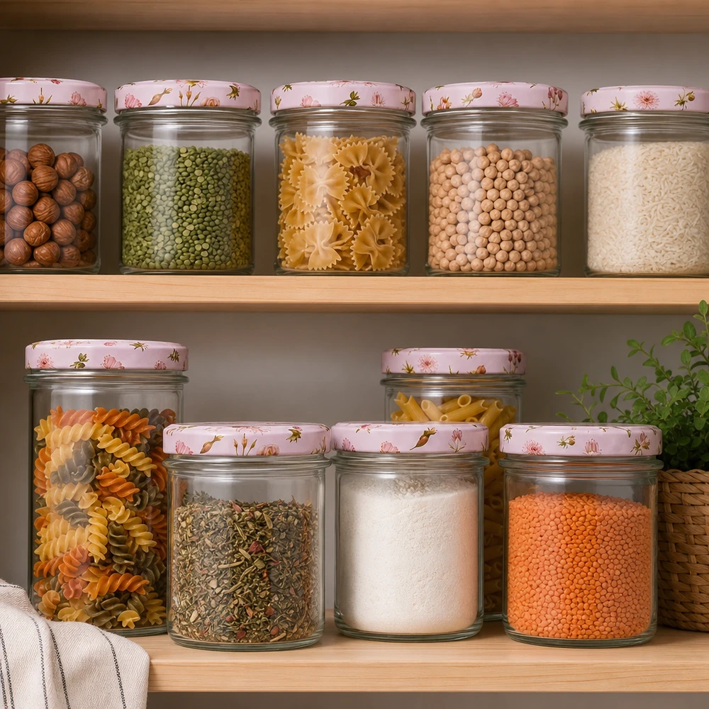Barattoli da 350 ml con coperchio a fiore rosa riempiti di pasta, frutta secca e legumi sullo scaffale della cucina.