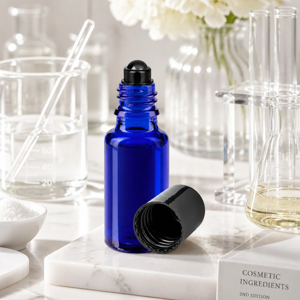 Apothekenflasche blau 20ml Roll-On Verschluss schwarz Lichtschutzflasche blau 20ml mit Rollkugelapplikator und separatem Schraubverschluss