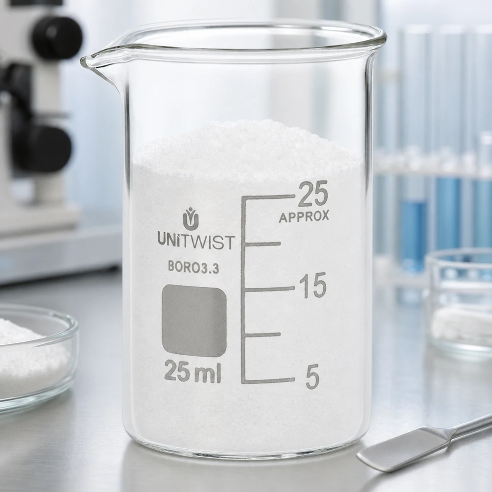 Bicchiere da laboratorio UNiTWIST da 25 ml, di forma bassa, riempito di polvere bianca su un tavolo da laboratorio in acciaio inossidabile