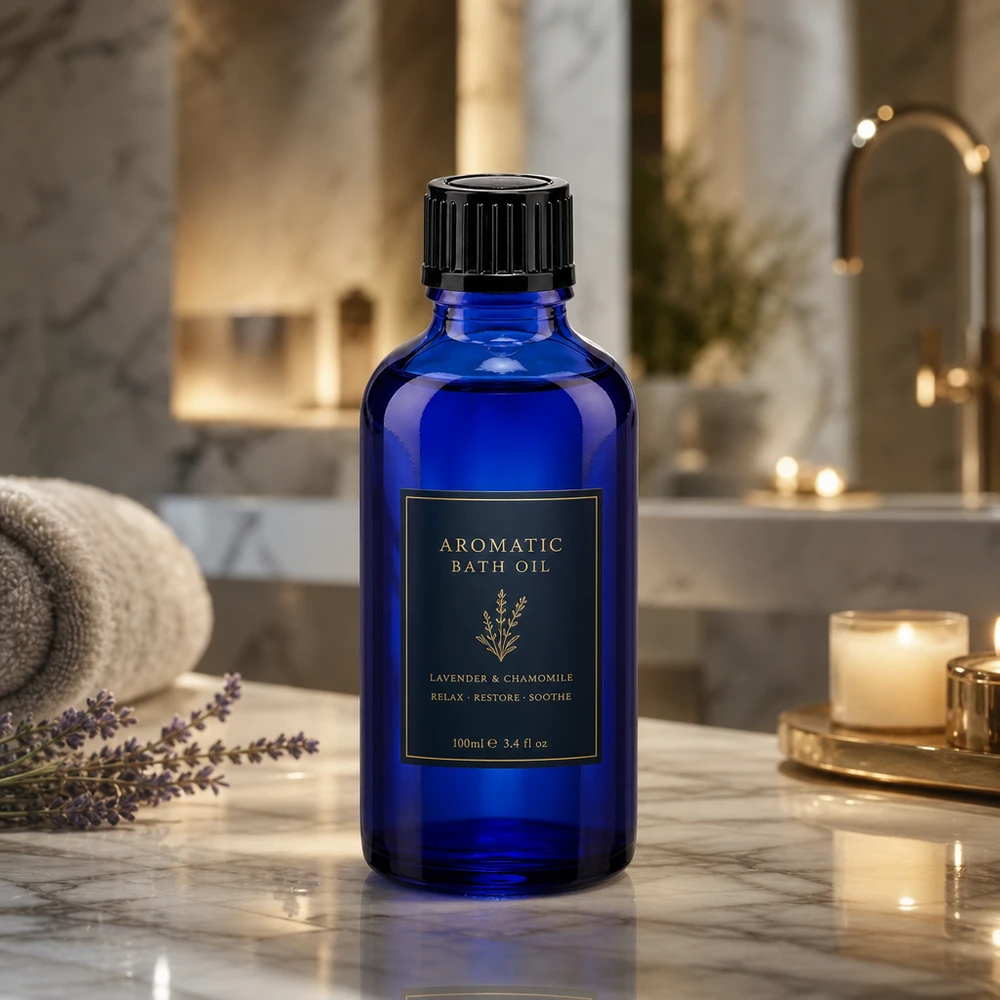 Apothekenflasche blau 50ml Schraubverschluss schwarz Standard Blaue Apothekerflasche 50ml Glas schwarzer Schraubverschluss vor Marmor und Kerzenlicht