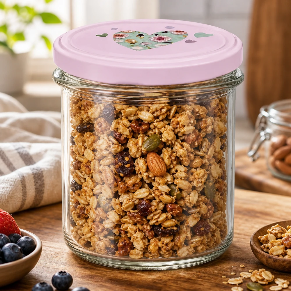Bicchieri da 350 ml + coperchio BasicSeal cuore rosa UNiTWIST Bicchieri da 350 ml con coperchio a cuore rosa riempiti di muesli, noci, granola, colazione e spuntini sani.