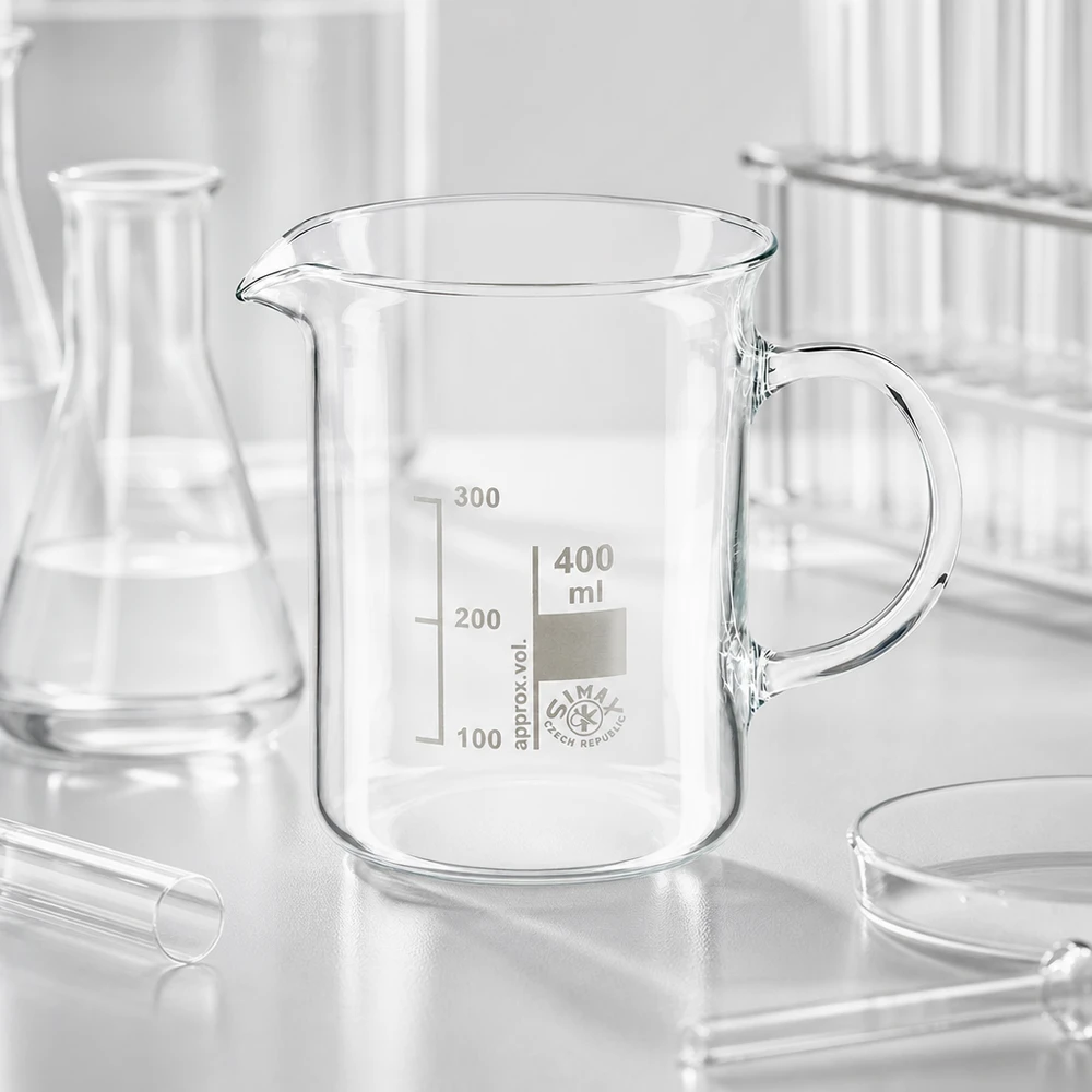 Bicchiere 400ml in vetro borosilicato, con manico Bicchiere di vetro vuoto da 400 ml con manico, in vetro borosilicato trasparente, per uso di laboratorio