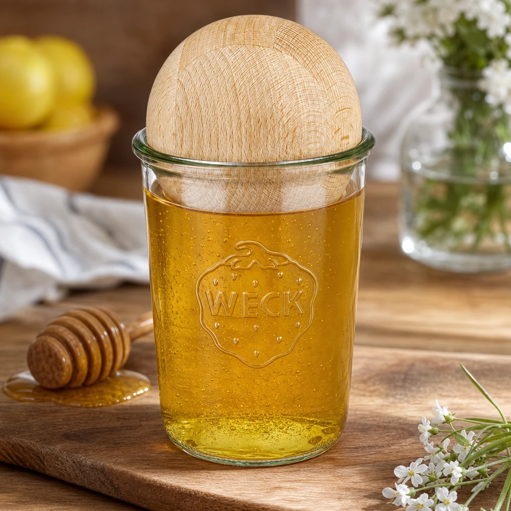 WECK RR100 Sturzglas 850ml mit Honig befüllt und Buche-Holzkugel, dekorative Küchenaufstellung mit Honiglöffel