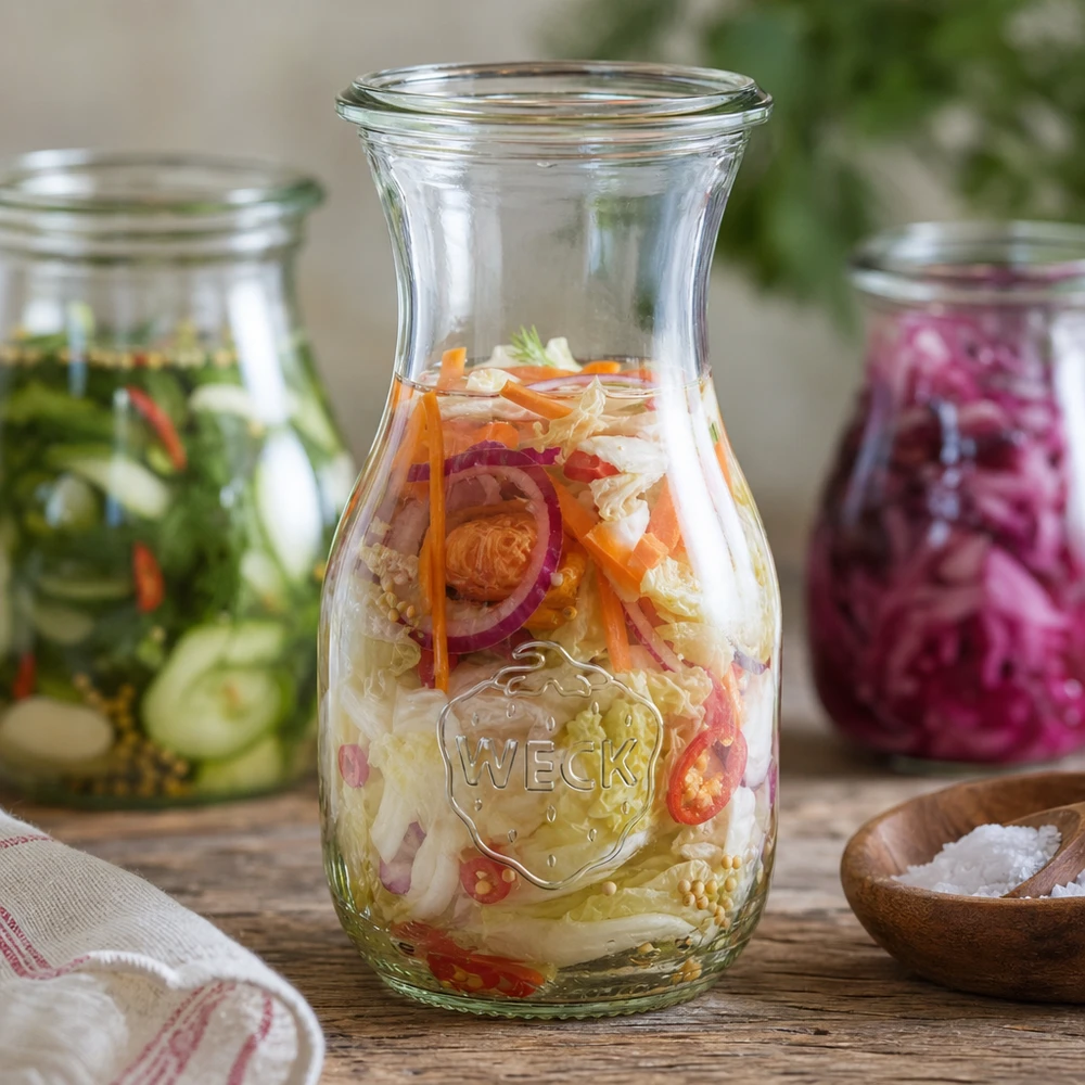 Bouteille à jus WECK RR60 de 290 ml WECK Bouteille de jus 290ml RR60 avec légumes fermentés et cornichons marinés pour une conservation saine
