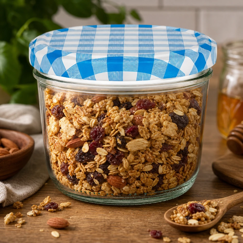 Bicchieri da 230 ml con coperchio BasicSeal a scacchi bianchi e blu riempiti di muesli e noci come barattolo di conservazione