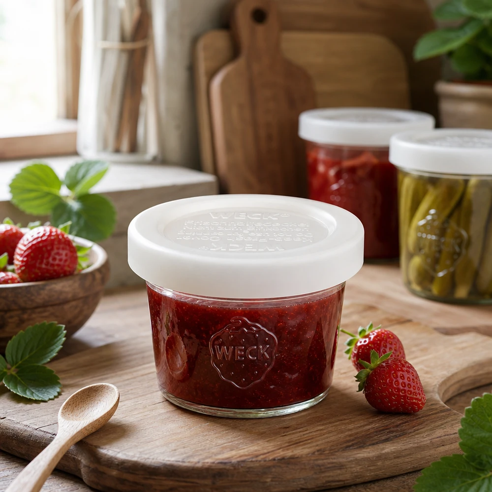35ml Sturzglas mit Frischedeckel WECK RR40 WECK Sturzglas 35ml RR40 mit Erdbeermarmelade befüllt auf Holzbrett, Anwendungsbeispiel für kleine Einmachgläser